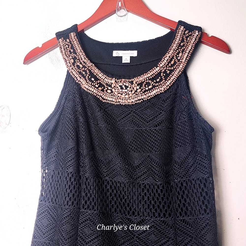 Catherines Crochet Lace Shift Dress 8 Black Beaded Neckline Boho Vacation Resort - Picture 3 of 9